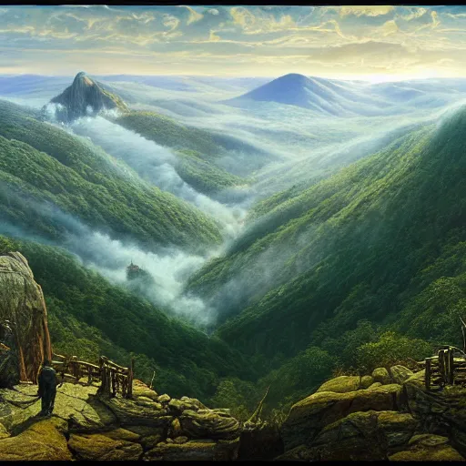 Image similar to a beautiful and highly detailed matte painting of the the appalachian mountains, intricate details, epic scale, insanely complex, 8 k, sharp focus, hyperrealism, very realistic, by caspar friedrich, greg rutowski, james gurney, zeen chin,