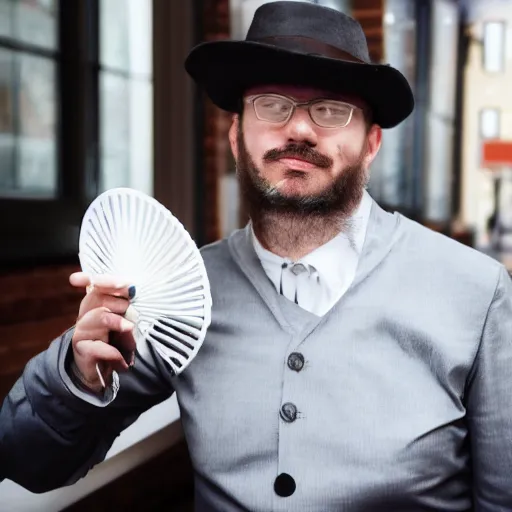 Prompt: a gentleman with a fan instead of a face