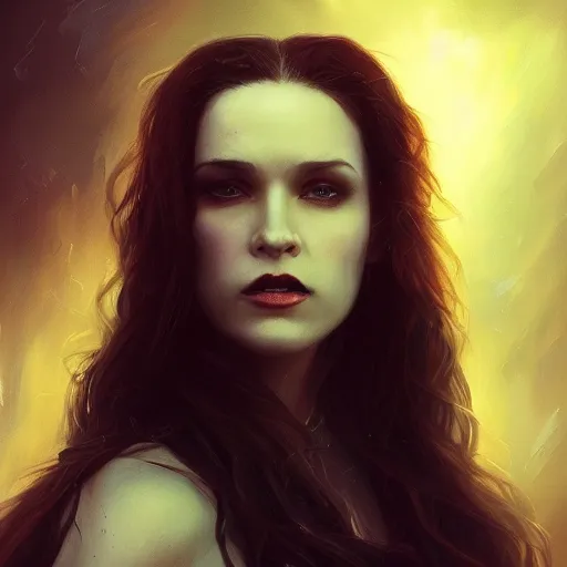 Prompt: majestic gracious regal female brunette vampire portrait, atmospheric lighting, painted, menacing, intricate, volumetric lighting, beautiful, rich deep colours masterpiece, golden hour, sharp focus, ultra detailed, by leesha hannigan, ross tran, thierry doizon, kai carpenter, ignacio fernandez rios