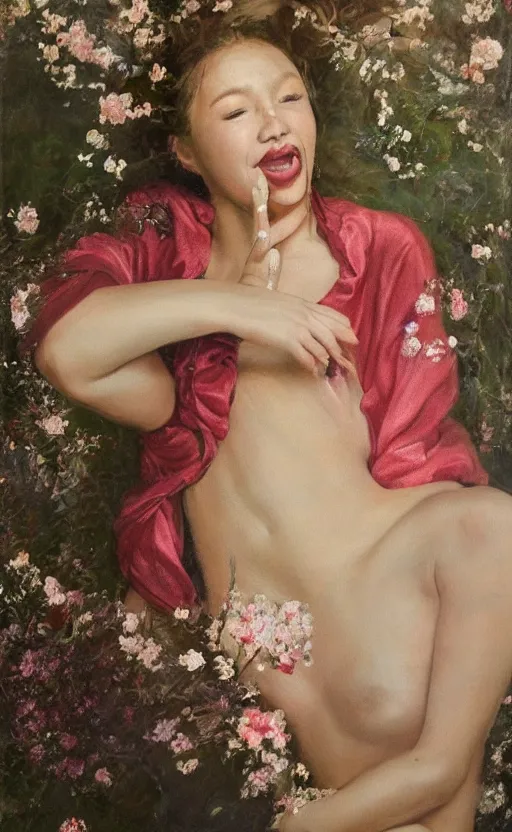 Prompt: portrait of a girl, in a silk robe, honey dripping down her top to bottom, flowers erupting out of her mouth, hyperrealistic
