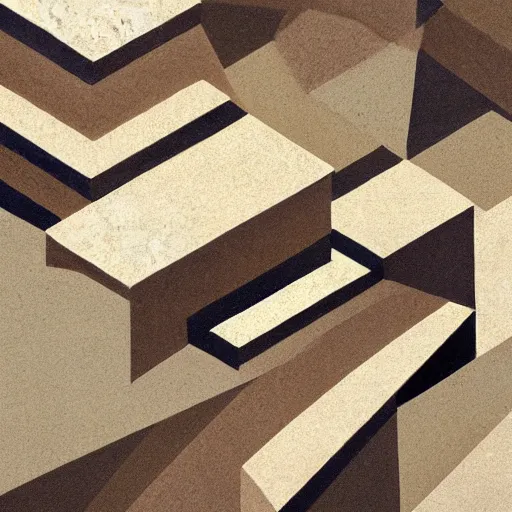 Prompt: masterpiece abstract intricate painting of detailed multiple layers of rocky material. highly geometric slanting down. isometric angles. beautiful use of light and shadow to create a sense of depth. using architectural brushwork and a limited earthy color palette, providing a mathematical sketchy look.