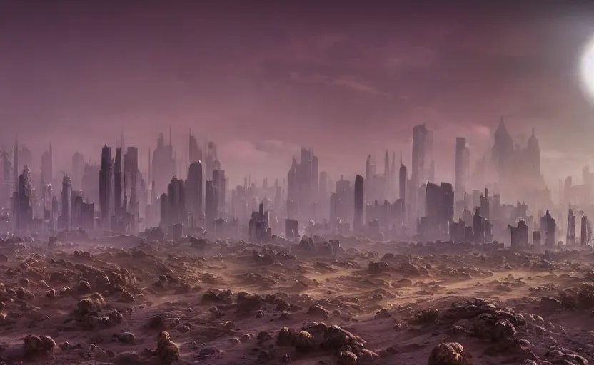 Prompt: matte painting of ant aliens in a desert, science fiction art, city in the skyline, two suns, gloomy, fog, elaborate, detailed digital art, trending in artstation, purple color lighting