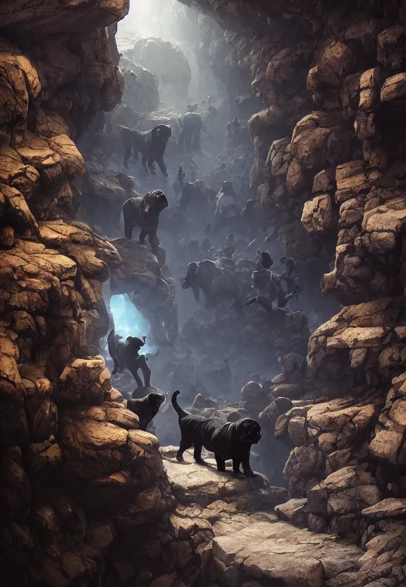 Prompt: a small party of adventurers attacked by evil dark black mastiffs made of shadows while exploring a claustrophobic dark blue canyon of stone, oil painting, greg rutkowski, unreal engine, octane render, cinematic lighting, highly detailed