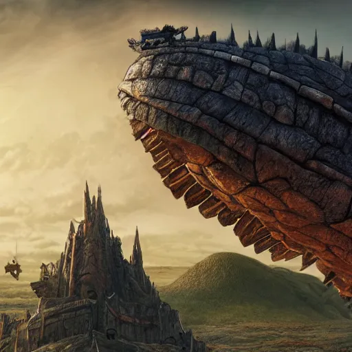 Prompt: large fantasy castle rising from the top of a giant tortoise, towering over a harsh barren sandy wasteland, distant shot angled slightly up, fantasy, hyper detailed, 4 k, howls moving castle, mortal engines, kaiju,