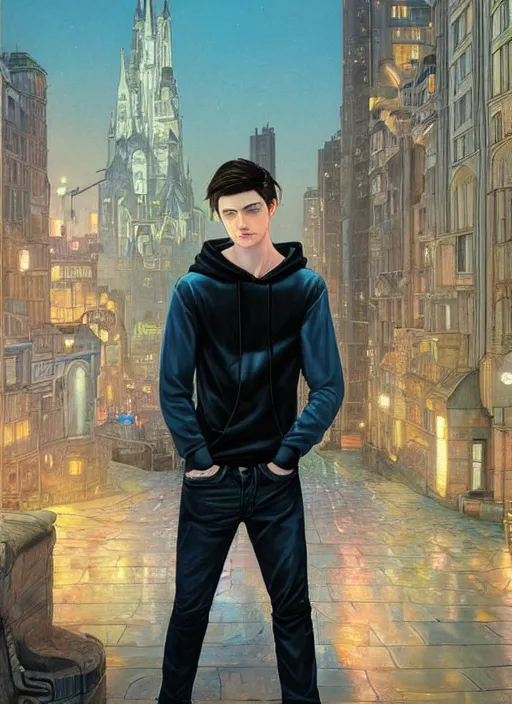 Image similar to handsome young man with short black hair, glowing light blue eyes, pale skin, wearing jeans and a black hoodie, detailed night time cityscape background, realistic painting by ross tran and gerald brom and alphonse mucha, ilya kuvshinov, svetlana tigai, artgerm, trending on artstation