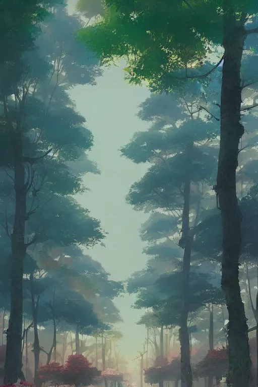 Image similar to avenida paulista in a colorful moutain with beautiful trees, morning, by studio ghibli painting, superior quality, masterpiece, traditional Japanese colors, by Grzegorz Rutkowski, concept art