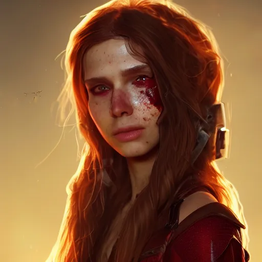 Prompt: a very beautiful 3d scarlet witch, long hair, hazel eyes, cute freckles, full round face, short smile, golden hour, post apocalyptic setting, medium shot, mid-shot, highly detailed, trending on Artstation, Unreal Engine 4k