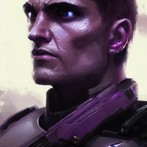 Image similar to concept art of a portrait by greg rutkowski, a soldier of the eternal empire wearing purple and black tactical gear, star wars expanded universe, smooth, sharp focus, artstation hq.