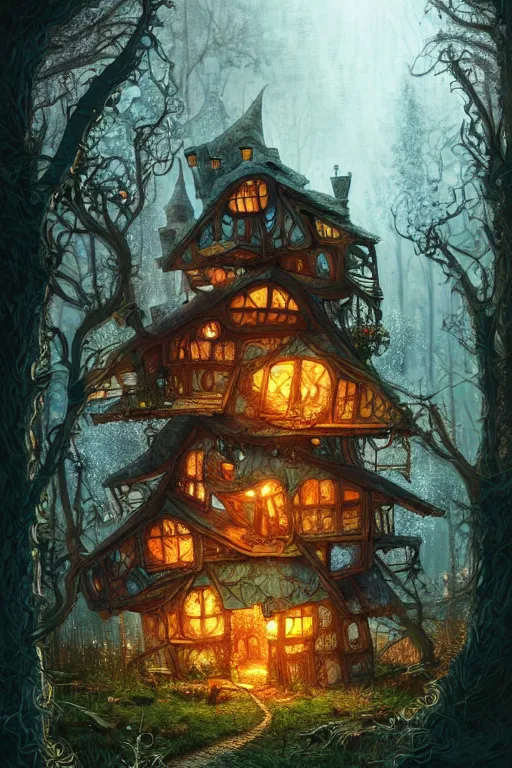 Image similar to a storybook illustration of a ramshackle multistory fairytale hut in the forest, intricate, elegant, fantasy, highly detailed, digital painting, concept art, sharp focus, artstation