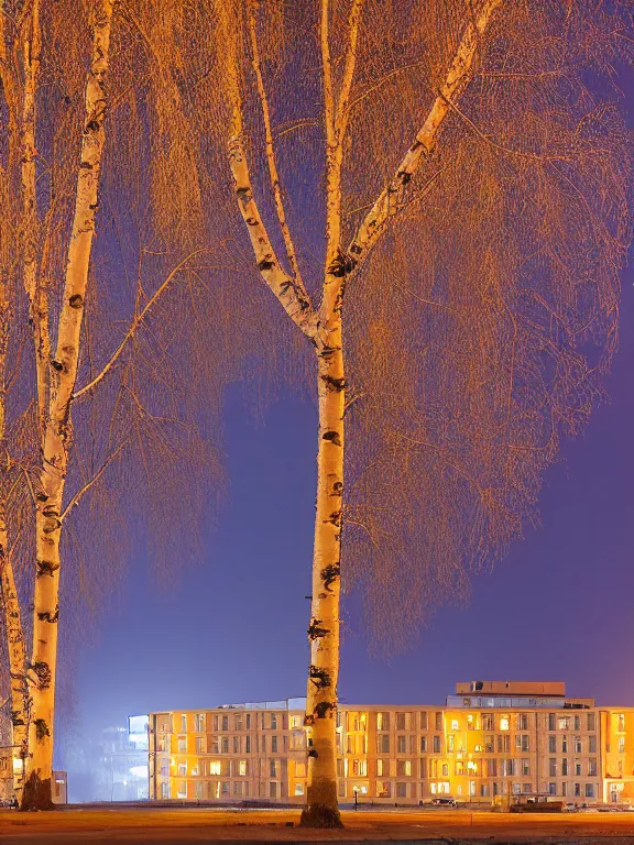 Prompt: soviet residential building in a residential area of russia, lights are on in the windows, night, starry sky, post - soviet courtyard, cozy atmosphere, light fog, street lamps with orange light, several birches nearby, several elderly people stand at the entrance to the building