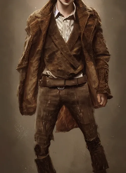 Image similar to a highly detailed illustration of timothee chalamet wearing brown coat and face mask, extra mechanical arms on his back, dramatic hands in pocket standing pose, intricate, elegant, highly detailed, centered, digital painting, artstation, concept art, smooth, sharp focus, league of legends concept art, WLOP