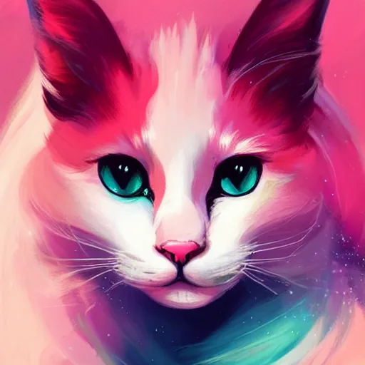 Image similar to colorful and festive cat with pink hair,. rich vivid colors, ambient lighting, dynamic lighting, 4 k, atmospheric lighting, painted, intricate, highly detailed by charlie bowater