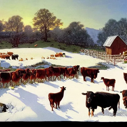 Image similar to an extremely detailed matte painting of a rancher feeding the animals at sunrise, dog, cows, sheep, chickens, ducks, 4 k, ranch the morning after a light snowfall, by bob ross and norman rockwell