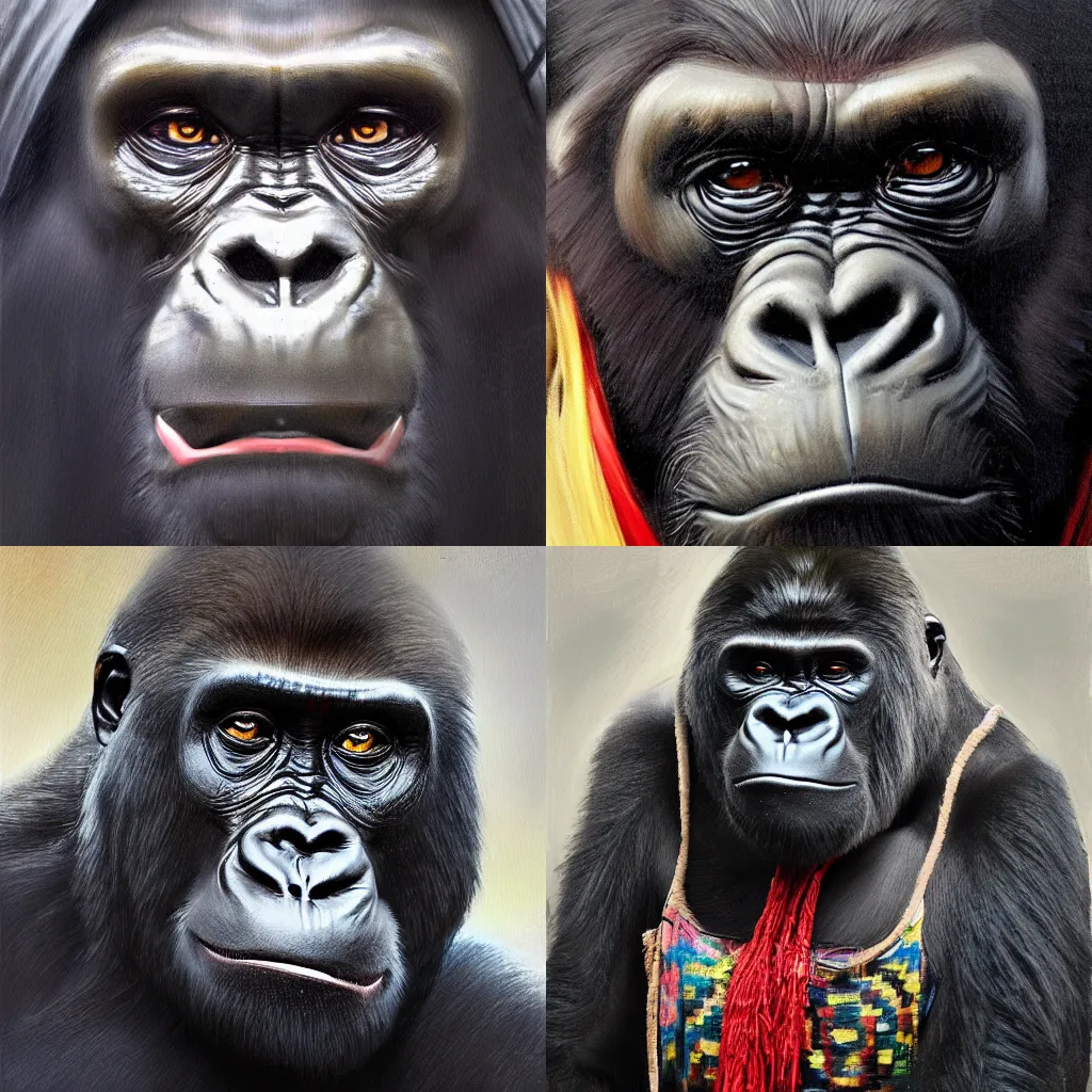 Prompt: A hyperdetailed digital oil portrait painting of a gorilla wearing an arab shemagh in the style of Guy Denning and Ruan Jia. Trending on ArtStation and DeviantArt. Digital art.