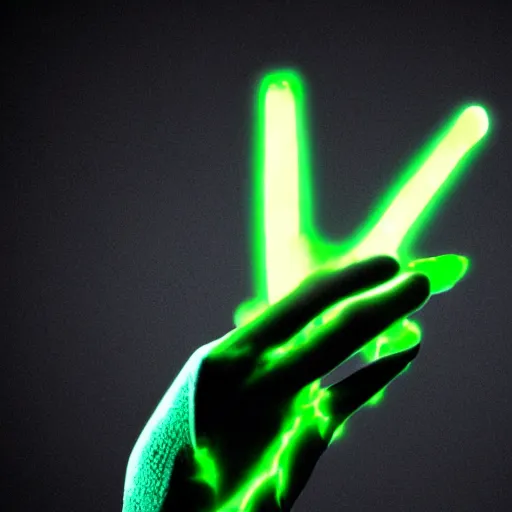 Prompt: a black gloved hand holding a dinly glowing shard of kryptonite in pitch black