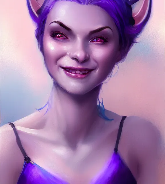 Prompt: cute female tiefling smiling wearing pale purple halter top, perfect face, blue hair, abs, cinematic, blush, stunning, elegant, highly detailed, psychedelic, digital painting, artstation, smooth, hard focus, illustration, art by jessica rossier and and brian froud