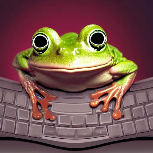 Image similar to sad humanoid frog holding his head in front of a computer screen in a dingy dark room at night. realistic digital art.