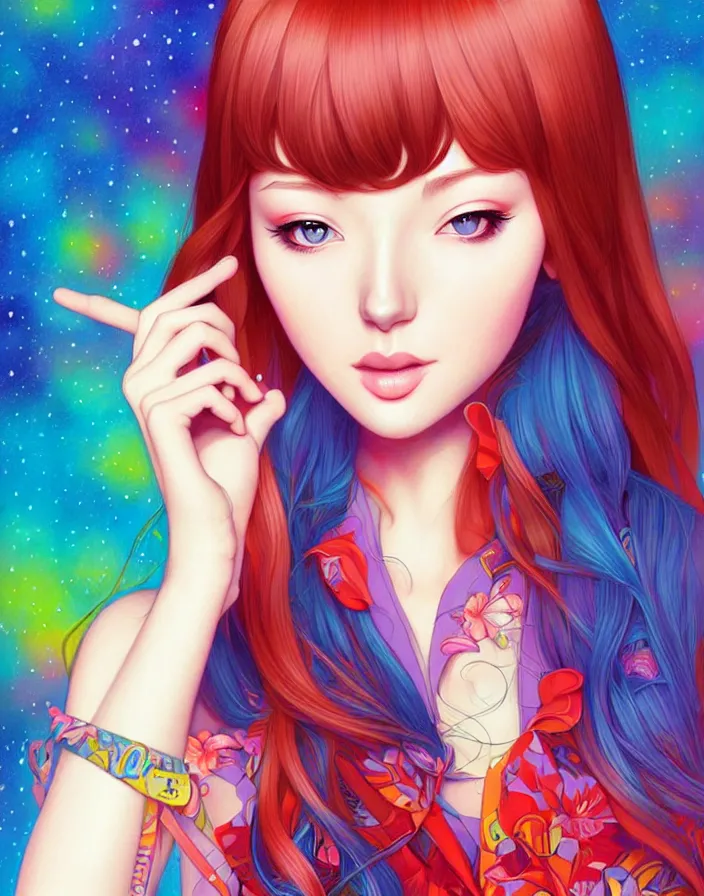 Image similar to richly detailed color  illustration of a pretty young woman, 'Magical Mystery Tour' is the theme, very soft shadowing, large scale image. art by Artgerm and Range Murata.