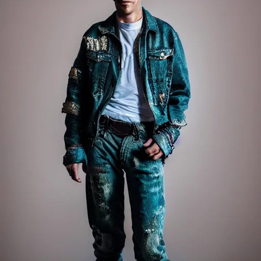 Prompt: an award - winning closeup photo of a male model wearing a baggy teal distressed medieval cloth menswear jacket by raf simons, 4 k, studio lighting, wide angle lens
