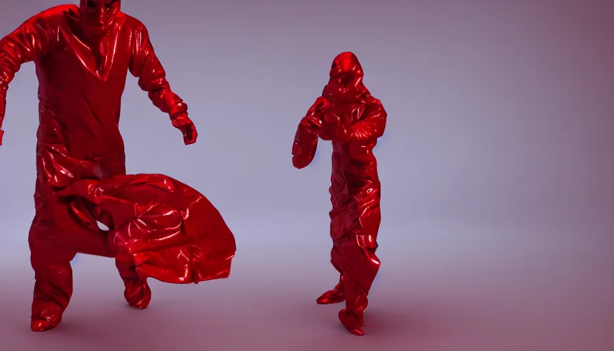 Prompt: invisible man wrapped in red sheet, actionpose, photorealistic rendering, raytracing, volumetric lighting, cloth simulation, reflections, darkness, high contrast