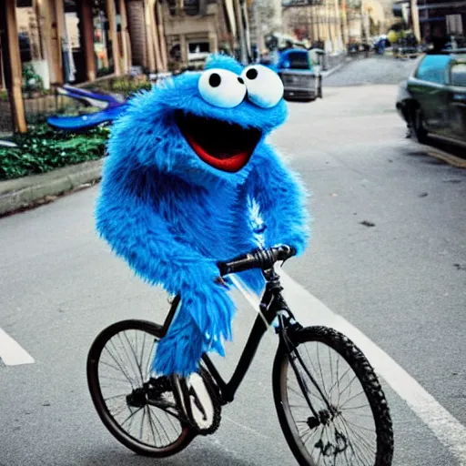 Prompt: the cookie monster riding a bicycle