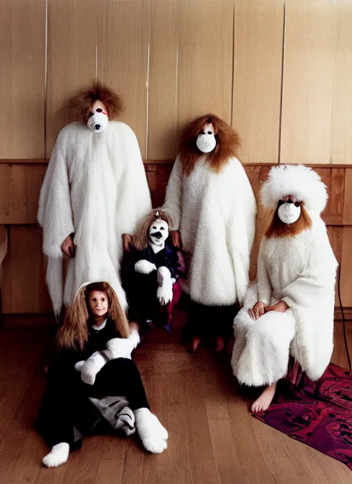 Image similar to realistic photo portrait of the family, white carnival fluffy mask, wearing fluffy cotton cloaks, sitting in the spacious wooden polished and fancy expensive wooden laboratory interior room 1 9 9 0, life magazine reportage photo