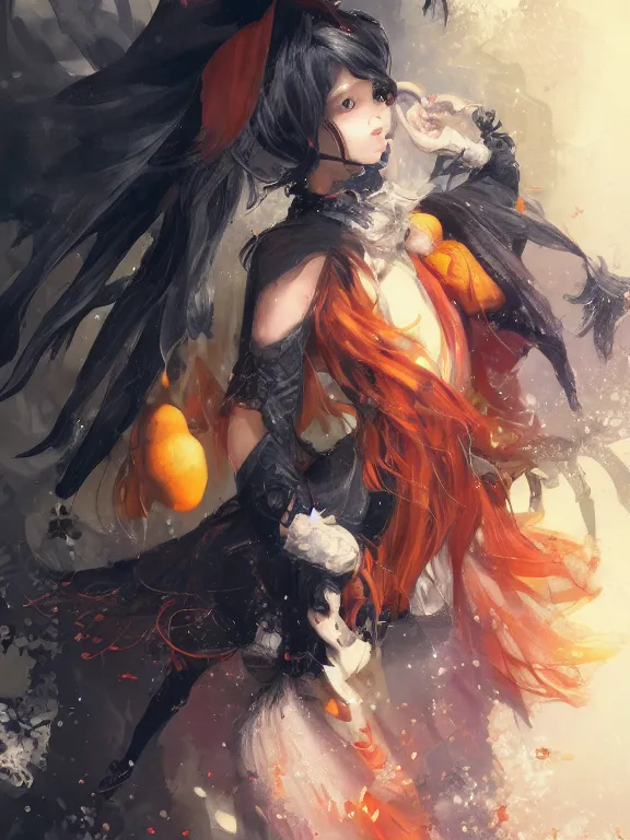 Image similar to Full shot of a cute mischievous young witch about to get up to some trouble. Latin American fashion. Black and Orange palette. Latina girl. From Encanto. By Ruan Jia and Artgerm and Range Murata and WLOP and CLAMP and Loish. Key Art. Fantasy Illustration. award winning, Artstation, intricate details, realistic, Hyperdetailed, 8k resolution.