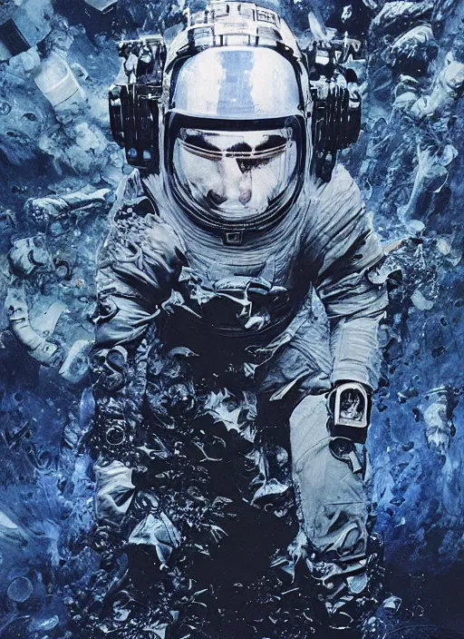 Image similar to astronauts in dark and empty void underwater - complex and hyperdetailed technical suit. reflection and dispersion materials. rays and dispersion of light. volumetric light. 5 0 mm, f / 3 2. noise film photo. flash photography. ultra realistic, wide angle. poster by wayne barlowe, hajime sorayama aaron horkey, craig mullins