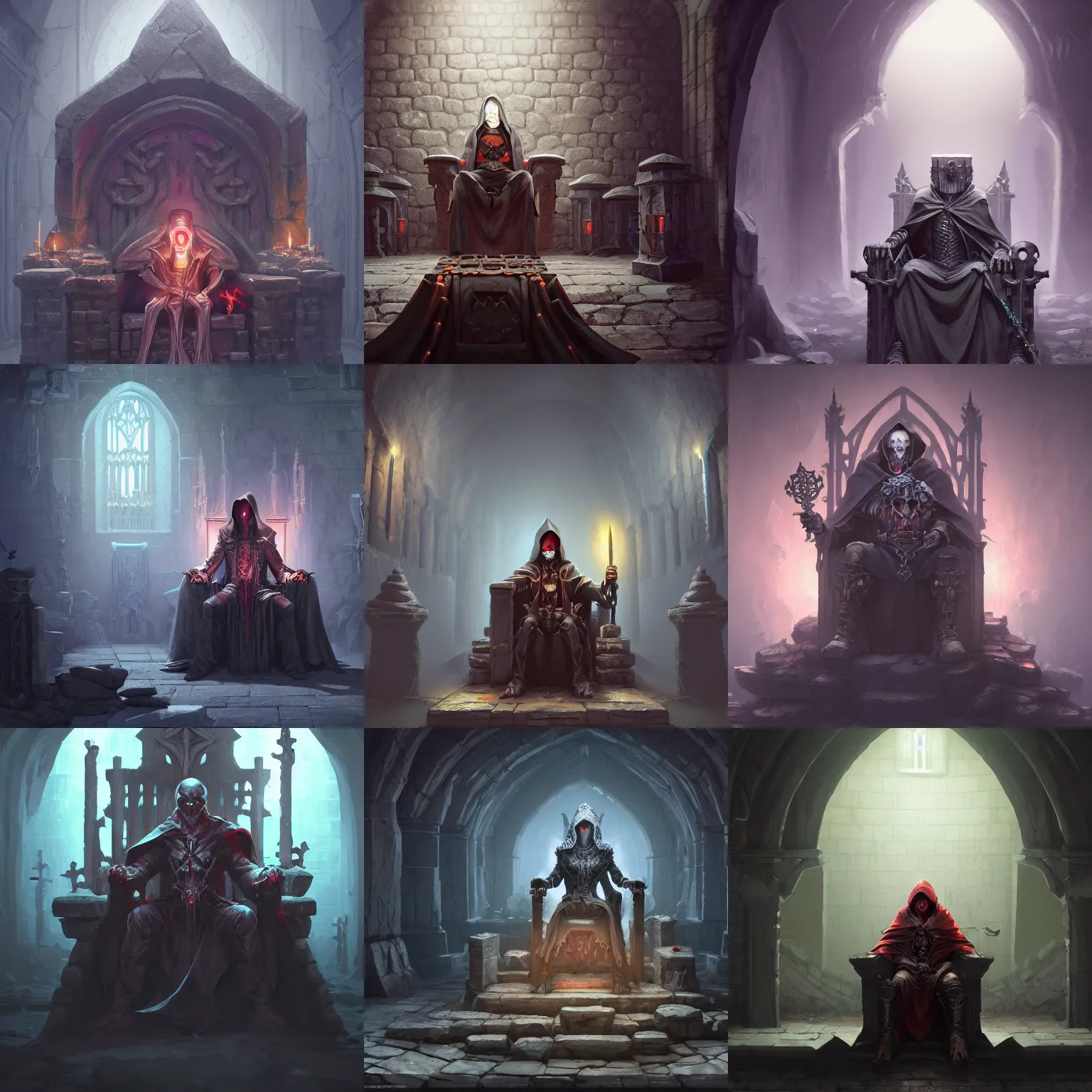 Prompt: necromancer sitting on a throne inside dungeon crypt, wearing a dark hood, gray stone wall behind him by Stanley Artgerm Lau, WLOP, Rossdraws, James Jean, Andrei Riabovitchev, Marc Simonetti, and Sakimichan, Unreal Engine, 4k, trending on Artstation