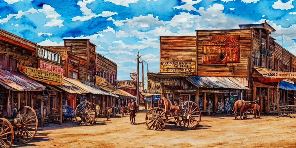 Image similar to watercolor painting of wild west town with very few people, western, old west, vivid colors, warm colors, high production value, intricate details, high resolution, hyperrealistic, hdr, high definition, masterpiece, ultra realistic, highly detailed, hd, sharp focus, non blurry, sharp, smooth