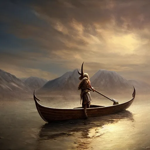 Image similar to viking in boat landscape photprealism ultradetailed digital art, irina french, heraldo ortega, mandy jurgens, golden ratio, art canvas, award winning, masterpiece trending on artstation 8 k 1 5 0 mpx