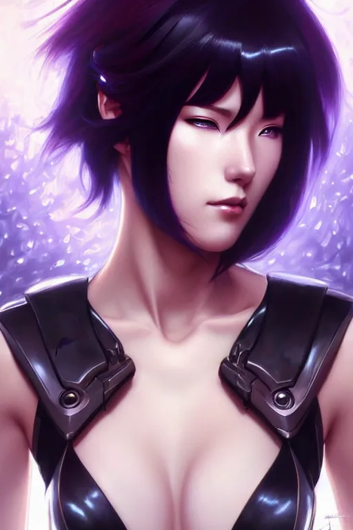 Image similar to beautiful motoko kusanagi, dark fantasy, intricate, elegant, highly detailed, digital painting, artstation, concept art, matte, sharp focus, illustration, art by artgerm and alphonse mucha