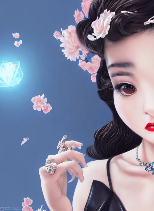 Image similar to a pin up and beautiful fashion dreamlke japan girl with lv jewelry, character art, art by artgerm, wlop, loish, hyperdetailed, 8 k realistic, symmetrical, global illumination, radiant light, frostbite 3 engine, cryengine, dof, trending on artstation, digital art, chanel, dior, detailed background