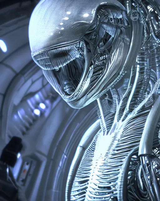 Prompt: film still of alien looking around a spaceship, slathered in a transparent alien liquid. wet flowing hair, goo, illustration, unreal engine 5, 8 k, directed by h. r. giger.