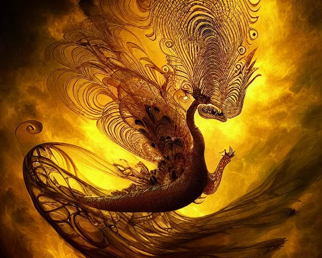 Prompt: dragon peacock. intricate, centered, amazing composition by amano yoshitaka, by rembrandt, illustrious makinami, digital art, digital painting, artstation trending, unreal engine, beautiful light and shadows, fractal flame, transparent jellyfish, transparent feathers, bio luminescent, ice, water