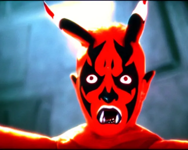 Image similar to Film still of Pikachu as Darth Maul from the movie Star Wars the phantom menace. Photographic, photography