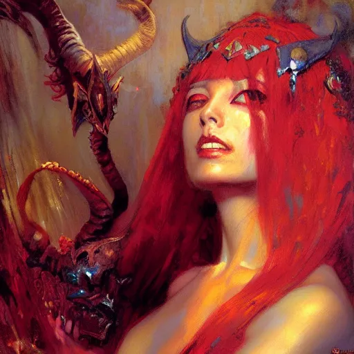 Image similar to Attractive demon queen, painting by Gaston Bussiere, Craig Mullins