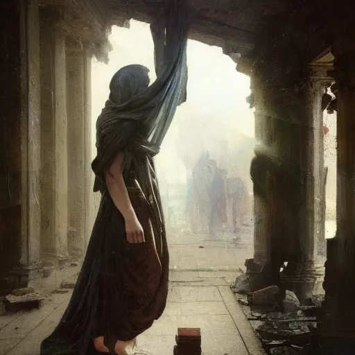 Image similar to half portait of magican wearing a closed cowl and big old book! chained to the wrist, jeremy mann, jean - leon gerome, tiepolo, alphonse mucha, greg rutkowski, face in the shadows, ( ( ruins of ancient rome ) ), at dusk, mysterious atmosphere, sunrays, dof, high detailed, 8 k