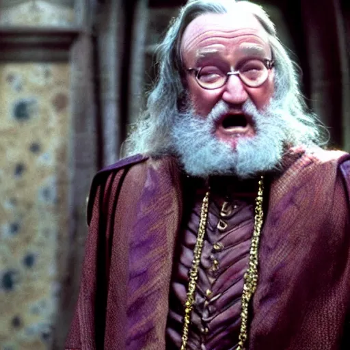 Image similar to Robin Williams playing Dumbledore in Harry Potter, screenshot