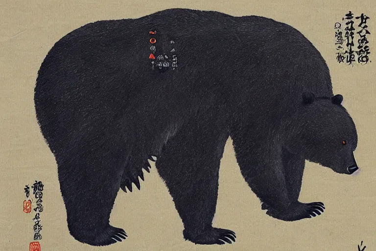 Image similar to Butouha painting of a robotic asian black bear, half robot half bear, mecha bear, biconical bear, super detailed, in the style of Tenmyouya Hisashi Japanese Spirit No.14