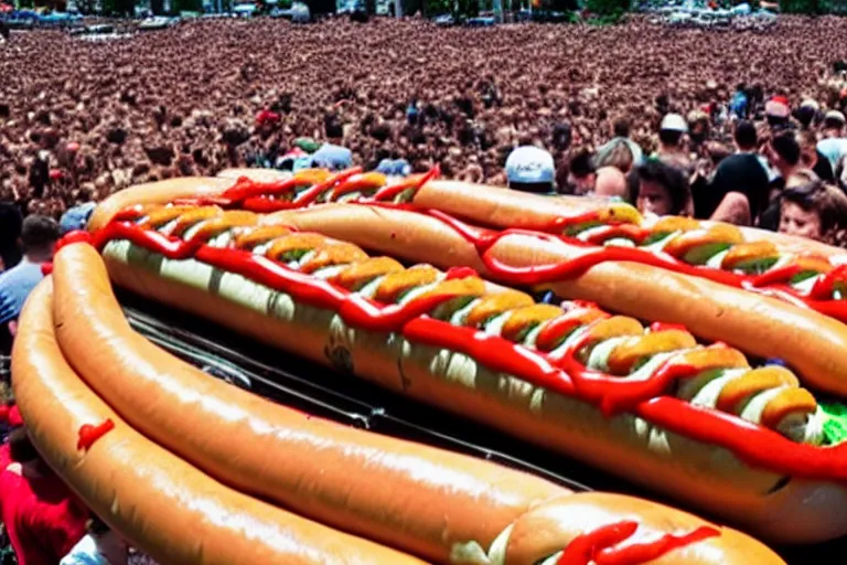 Image similar to a strangely coiled hotdog being grasped by thousands of hands