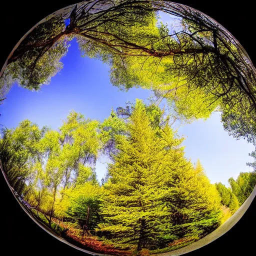 Image similar to photo of a tree on a forest landscape, fisheye lens,