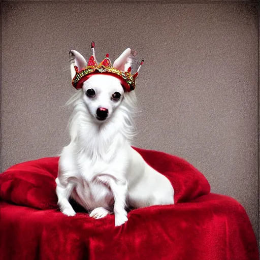 Image similar to long hair white chihuahua king wearing a red and gold crown cinematic composition, digital art, cute