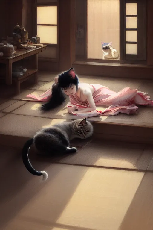 Image similar to japanese woman sewing on floor while a cat napping behind her, dim light, extremely detailed digital painting, in the style of fenghua zhong and ruan jia and jeremy lipking and peter mohrbacher, mystical colors, rim light, beautiful lighting, 8 k, stunning scene, raytracing, octane, trending on artstation