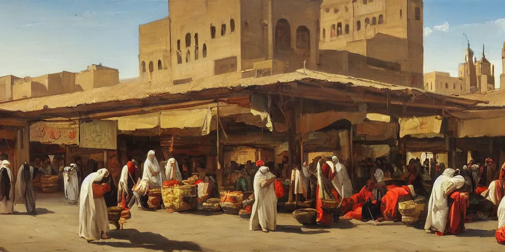 Prompt: painting of an arabic market in city square, art by jusepe de ribera, hd, smooth, sharp focus, canvas, painting, oil painting