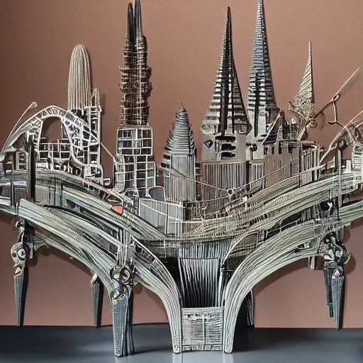 Image similar to a beautiful kinetic sculpture of a cityscape with tall spires and delicate bridges. by grayson perry distorted, emotive