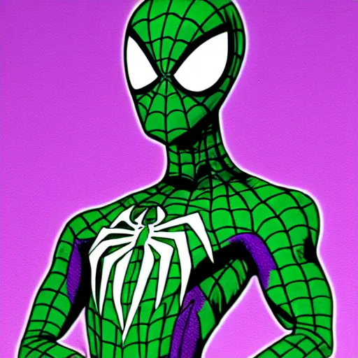 Image similar to purple and green spiderman suit by todd mcfarlane