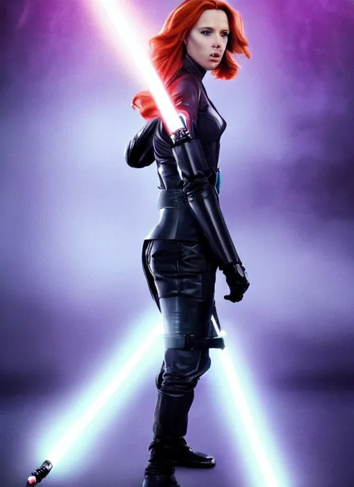 Image similar to scarlett johanson portraying a beautiful mara jade from star wars legends, in a black suit holding a purple lightsaber, movie, hyper realistic, hollywood promotional image, imax, 8 k