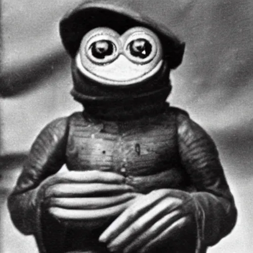 Image similar to a close up photo of pepe the frog in ww 2, historical photo,