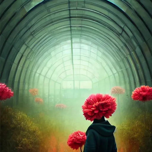 Image similar to giant carnation flower head, woman standing in metro station, surreal photography, dramatic light, impressionist painting, digital painting, artstation, simon stalenhag